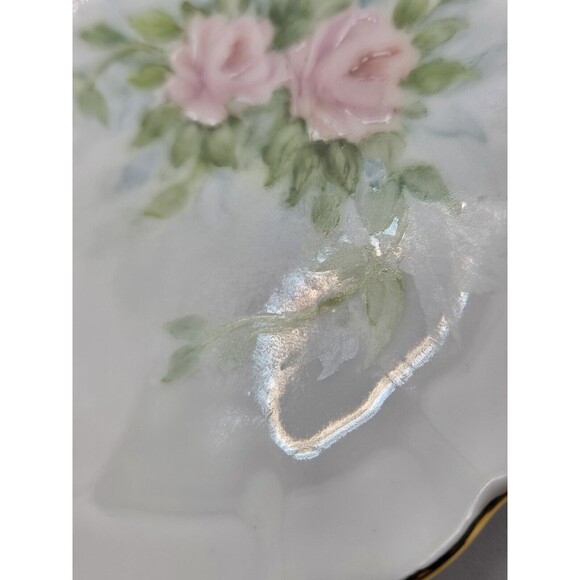 Pink Roses Hand Painted Hand Made Porcelain Trinket Tray 1999 14K Lined Signed - Picture 7 of 9